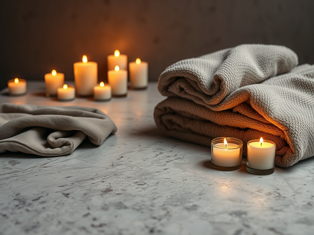 Towels and candles on a marble surface.